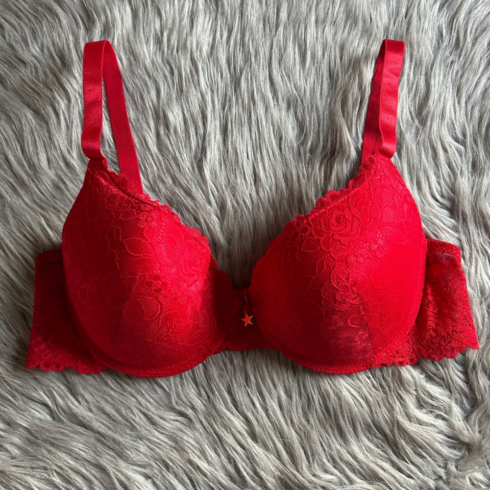 FAME Frederick's Of Hollywood Lined Bra Women Size 38D Red Floral Lace Underwire